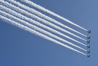 The Air Self-Defense Force's Blue Impulse aerobatics team performs near Kansai International Airport on July 13, 2025. (Mainichi/Tadakazu Nakamura)