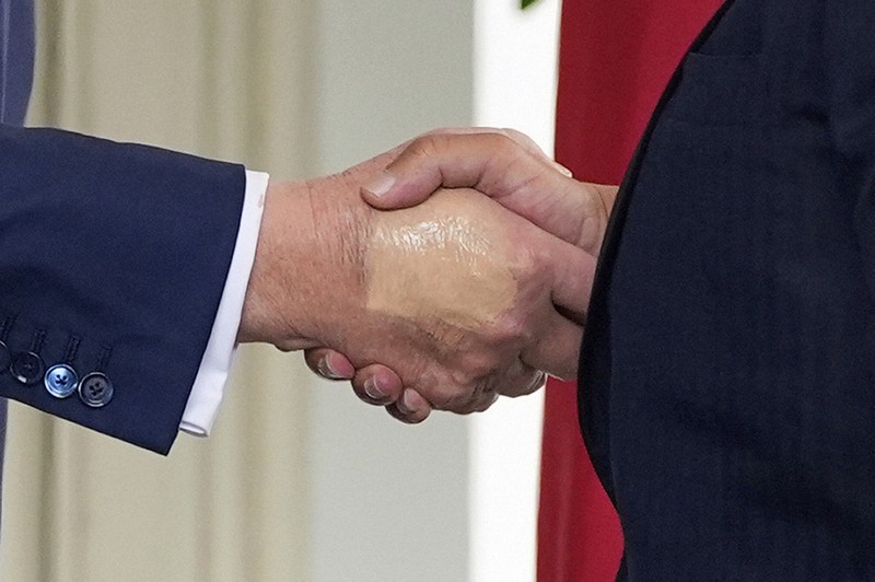 米ホワイトハウスでバーレーンのサルマン皇太子(右)と握手するトランプ米大統領(左)の手=2025年7月16日、AP