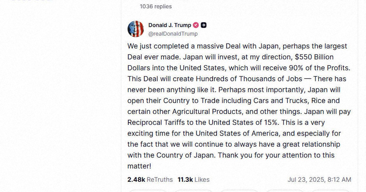 Trump says Japan agrees to 15% reciprocal tariff under 'massive' deal