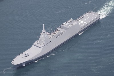 出港する海上自衛隊の護衛艦「もがみ」＝長崎市で2022年4月28日午前11時53分、本社ヘリから