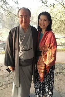 Damian Flanagan's friend, Kazumi Shimodate, left, in Japanese dress with his partner Mariko Tsukinowa, on their travels around Britain. (Photo courtesy of Mariko Tsukinowa). 