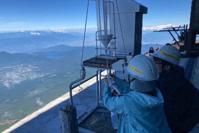 富士山頂で雲水を採取する様子＝大河内博・早稲田大教授提供