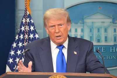 記者会見するトランプ米大統領＝ホワイトハウスで2025年6月27日、西田進一郎撮影