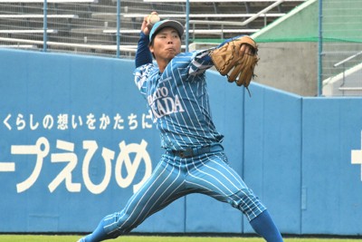 【大和高田クラブ－全足利クラブ】1失点完投した大和高田クラブの西陸和投手＝松山市の坊っちゃんスタジアムで2025年9月14日午前11時21分、石川裕士撮影