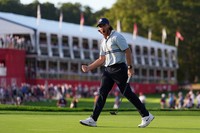 Europe's Tommy Fleetwood celebrates after a birdie on the 16th hole at Bethpage Black golf course during the Ryder Cup golf tournament, Sept. 26, 2025, in Farmingdale, N.Y. (AP Photo/Lindsey Wasson)
