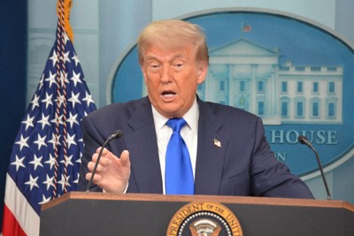 記者会見するトランプ米大統領＝ホワイトハウスで2025年6月27日、西田進一郎撮影