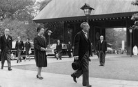 Emperor Hirohito (posthumously known as Emperor Showa), front right, and Empress Kojun, walking behind him, are seen during their visit to Yasukuni Jinja shrine in Tokyo on Oct. 20, 1969, during a festival marking the 100th anniversary of the shrine's founding. (Mainichi) 