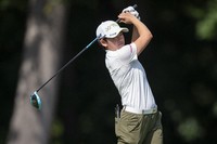 Akie Iwai, of Japan, tees off on the ninth hole during the first round of the Kroger Queen City Championship golf tournament, Sept. 11, 2025, at TPC River's Bend in Cincinnati. (AP Photo/Tanner Pearson) 