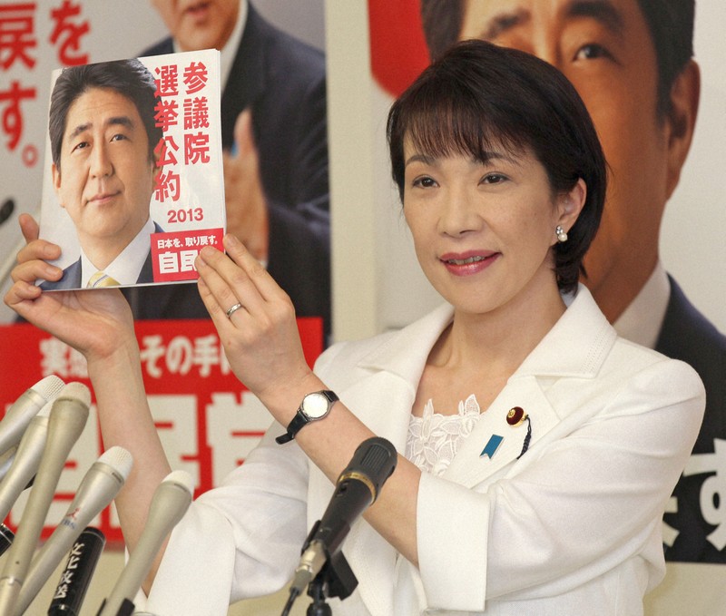 自民党の参院選公約が書かれた冊子を手に会見する高市早苗政調会長＝同党本部で2013年6月20日午後、武市公孝撮影
