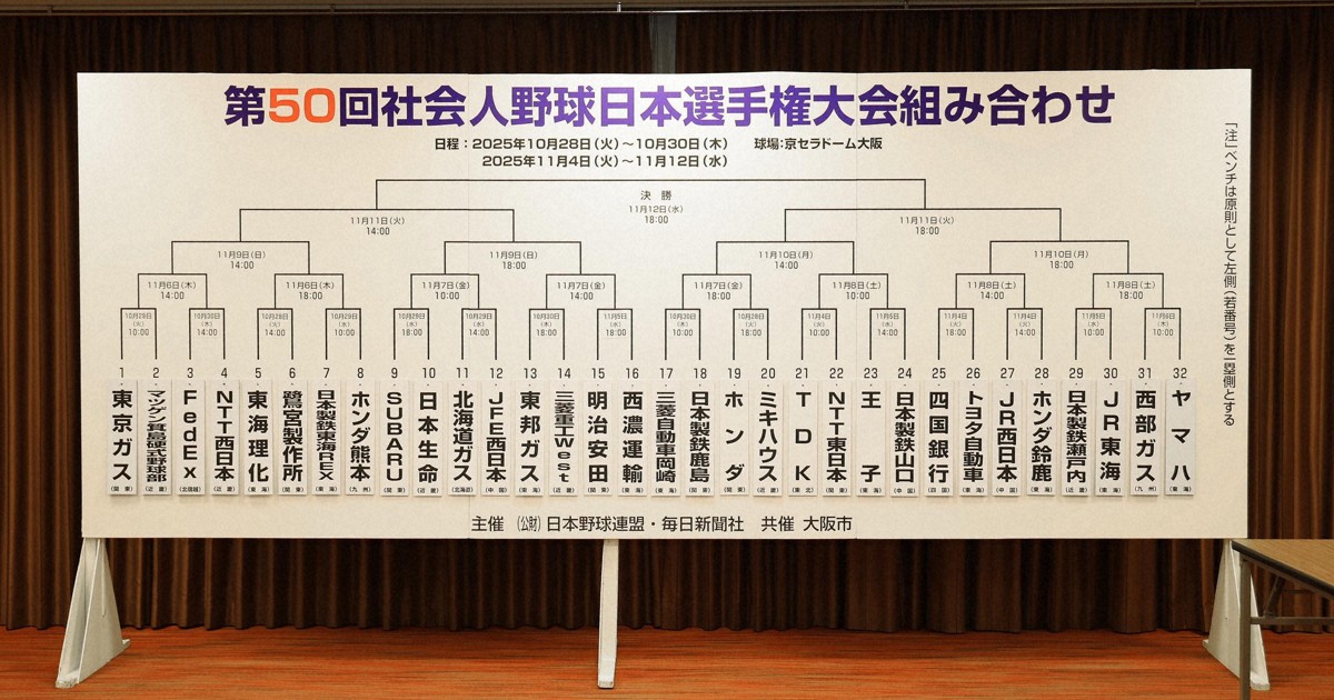 東京ガス－マツゲン箕島で開幕　社会人野球日本選手権組み合わせ決定