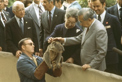 1975年に昭和天皇と訪米。西海岸南部のサンディエゴでは動物園を訪問。コアラの頭をなでる香淳皇后＝1975年10月9日、松村明撮影