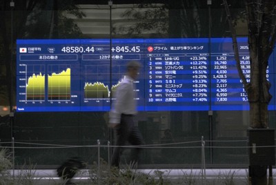 終値の史上最高値を記録した日経平均株価を表示するモニター＝東京都千代田区で2025年10月9日午後4時35分、藤井達也撮影