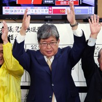 衆院選で当選確実となり万歳する萩生田光一氏（中央）＝東京都八王子市で2024年10月28日午前0時5分、幾島健太郎撮影