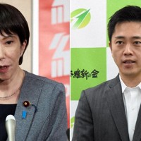 自民党の高市早苗総裁(左)と日本維新の会の吉村洋文代表