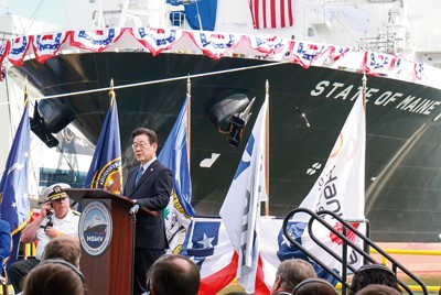 ハンファオーシャンが買収した米国の造船所で演説する韓国の李在明大統領（8月27日）(聯合＝共同)