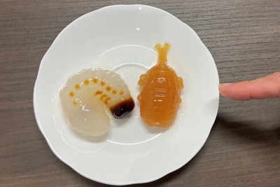 完成したカブトムシの幼虫形ゼリー（左）とさなぎ形ゼリー＝名古屋市西区のmeitoで2025年10月2日午後4時20分、川瀬慎一朗撮影