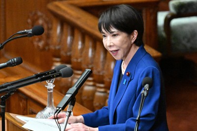 衆院本会議で所信表明演説を行う高市早苗首相＝国会内で2025年10月24日午後2時4分、平田明浩撮影