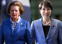 This combination photo compares former U.K. Prime Minister Margaret Thatcher (left) and current Japan Prime Minister Sanae Takaichi. (Mainichi/Shigeru Kimura and Yoshiya Goto)