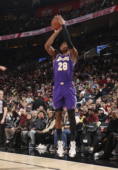 Rui Hachimura of the Los Angeles Lakers attempts a three-point shot against the Portland Trail Blazers at the Moda Center in Portland, Oregon, on Nov. 3, 2025. (NBAE/Getty/Kyodo)