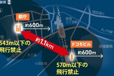 日本の航空法はビルから水平に600メートル離れて飛ぶよう規定しており、日本のヘリが約1・1キロしか離れていない都庁とドコモタワーの間を飛べば違法となる＝毎日新聞配信の動画「特権を問う・米軍ヘリ首都異常飛行（1）」から