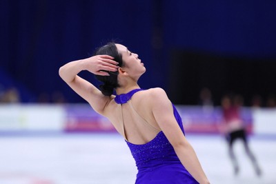 女子フリー当日、曲かけ練習に臨む青木祐奈＝カナダ・サスカトゥーンで2025年11月1日、猪飼健史撮影