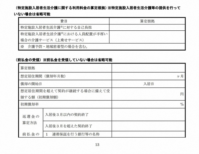 介護付き有料老人ホームの重要事項説明書の見本。介護保険サービスを利用するとき支払う自己負担のほか、入居時に払う前払い金の償却、保全先なども記載することになっている＝厚生労働省ホームページから