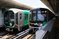 This photo taken July 7, 2025, shows trains on Osaka Metro's Chuo Line, which connects the Yumeshima Island Expo venue to central Osaka. (Mainichi/Naomichi Senoo)