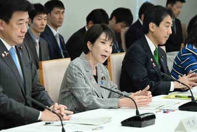 日本成長戦略本部の初会合で発言する高市早苗首相（中央）。核融合など17分野を重点投資対象に位置づけた＝首相官邸で2025年11月4日午前10時23分、平田明浩撮影