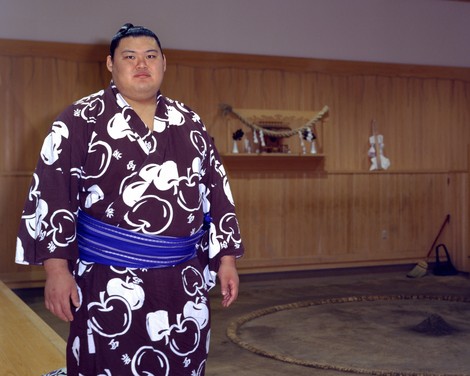 クラウングラフィックを見つめる横綱・大の里。撮影者と“目力”でガチガチ対決！＝茨城県阿見町の「二所ノ関部屋」で2025年10月9日、中村琢磨撮影