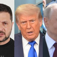 ウクライナのゼレンスキー大統領（左）、トランプ米大統領（中央）、ロシアのプーチン大統領