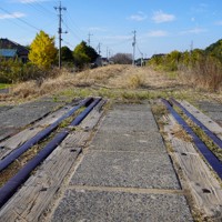 途中で途切れるレール。在りし日の鹿島鉄道をしのばせる廃線跡だ＝茨城県内で2025年11月12日午後1時半、後藤豪撮影