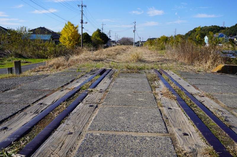途中で途切れるレール。在りし日の鹿島鉄道をしのばせる廃線跡だ＝茨城県内で2025年11月12日午後1時半、後藤豪撮影
