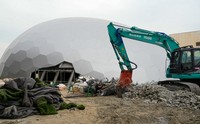 Demolition work is underway at the Electric Power Pavilion in the city of Osaka's Konohana Ward on Nov. 13, 2025. (Mainichi/Takashi Murata)