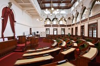 The assembly hall of the Kyoto Prefectural Government's former main building boasts beautiful arched lines and decorations, as seen in the city of Kyoto's Kamigyo Ward, Aug. 14, 2023. The second floor serves as a gallery for observers. It is said to be the only place in Japan where the speaker's chair, executive seats and podium from the Meiji era (1868-1912) remain. (Mainichi/Ai Kawahira)