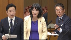 スルガ銀行の不正融資問題で、衆参両院の委員会でやりとりする（左から）中川宏昌衆院議員、片山さつき金融担当相、柴慎一参院議員＝衆参両院のインターネット審議中継より