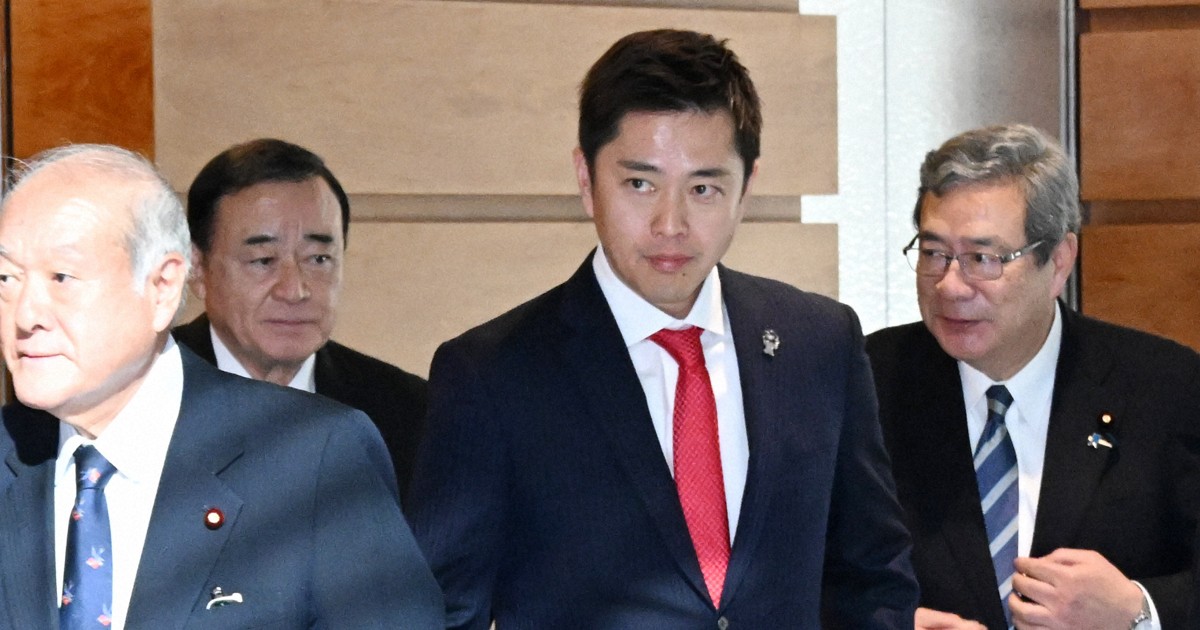 政府与党連絡会議に続き首相官邸での協議を終えた日本維新の会・吉村洋文代表（中央）ら＝2025年12月1日午後1時23分、平田明浩撮影