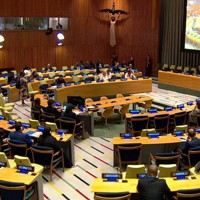 A U.N. high-level meeting on the elimination of nuclear weapons is seen underway at United Nations headquarters in New York on Sept. 26, 2025, in this image from UN Web TV.