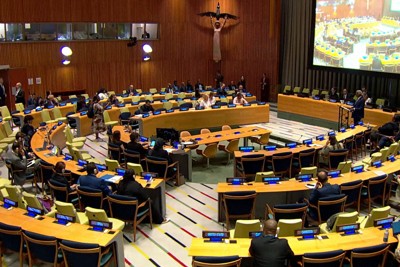 A U.N. high-level meeting on the elimination of nuclear weapons is seen underway at United Nations headquarters in New York on Sept. 26, 2025, in this image from UN Web TV.