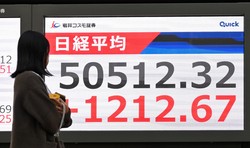 日経平均株価の終値が5万円を超えたことを示すボード＝東京都中央区で2025年10月27日午後4時19分、新宮巳美撮影