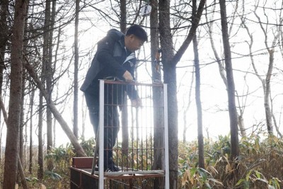 箱わなのセンサーを点検する太田和哉さん＝北海道松前町で（共同）