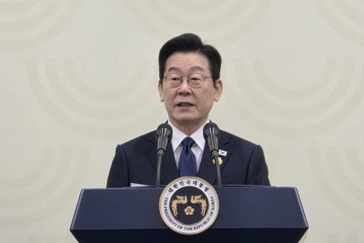 アジア太平洋経済協力会議（APEC）首脳会議閉幕後に記者会見する韓国の李在明大統領＝韓国南東部・慶州で2025年11月1日午後1時5分、日下部元美撮影