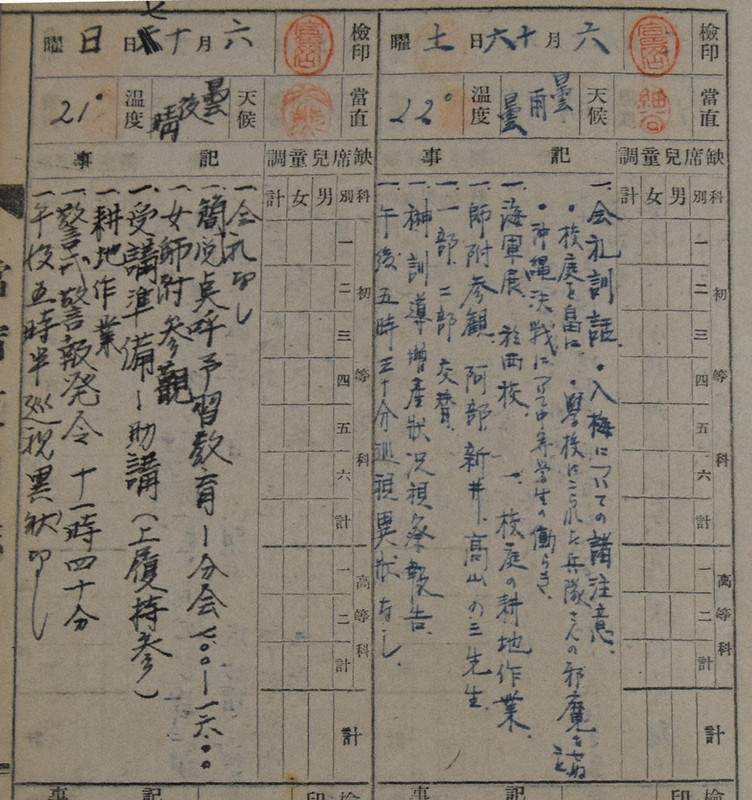 准尉曹長現地教育計画　師団長企画　戦争書類 教員が残した「当宿直日誌」、小学校の金庫に 教育現場の戦争の影