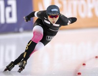 Japan's Miho Takagi competes en route to winning the women's 1,000 meters at a speed skating World Cup event in Hamar, Norway, on Dec. 13, 2025. (Kyodo)