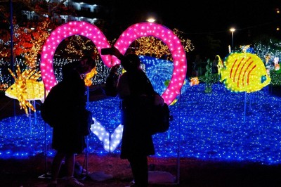 ピンクに輝くハートの前で写真撮影する来場者＝天理市田井庄町の田井庄池公園で、望月靖祥撮影