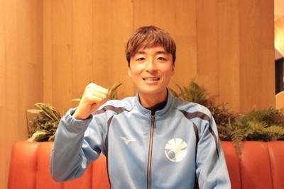 学生連合で活躍が期待される秋吉選手＝東京都渋谷区で、慶応大・渡辺佳奈撮影