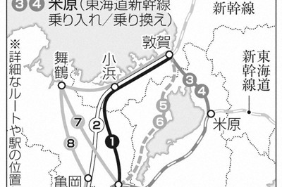 維新が提示した北陸新幹線延伸ルートの案＝共同