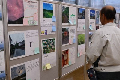 外国人留学生たちが写真とメッセージを通じて素直な思いを伝える作品が並ぶ「フォトボイス展」の会場＝宇陀市役所で、望月靖祥撮影