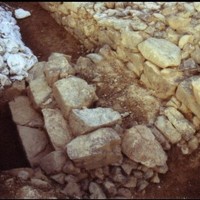 2006年度の発掘調査で、右側の古い石垣の海側に当たる場所から見つかった石段。上面は平らに整えられ、古い石垣が使われていた時期には、船着き場として屋敷への出入りに利用されていたとみられる＝徳島県阿南市椿泊町で2007年（同市提供）