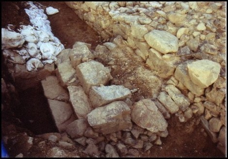 2006年度の発掘調査で、右側の古い石垣の海側に当たる場所から見つかった石段。上面は平らに整えられ、古い石垣が使われていた時期には、船着き場として屋敷への出入りに利用されていたとみられる＝徳島県阿南市椿泊町で2007年（同市提供）