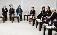 This photo taken Dec. 22, 2025, at the Prime Minister's Office shows a meeting between Prime Minister Sanae Takaichi and representatives of Japan's entertainment industry. From left, Tetsuya Komuro, Demon Kakka, Kocchi no Kento, Prime Minister Sanae Takaichi, Awich, Takashi Murakami and Mamoru Oshii. (Mainichi/Akihiro Hirata)
